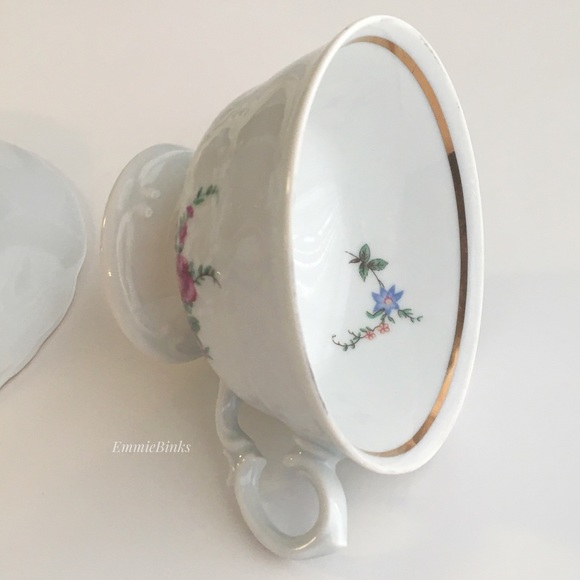 Vintage 1940’s Wawel Fine Porcelain China Poland Rose Garden Gold Trim Cup Set - Picture 5 of 16